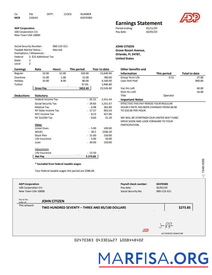 Printable USA ADP Earnings statement word sample